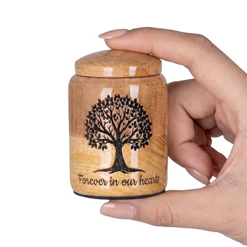 Tree of Life Wooden Cremation Urn for Human Ashes - Forever in Our Hearts Engraved Keepsake - 3 Cubic Inch Small Memorial Burial Box for Adult Male Female - size: Single Keepsake