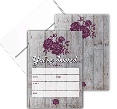 Stonehouse Collection | Rustic Wood & Flower Fill-in Party Invitations With Envelopes | 25 Invites & Envelopes | Wedding, Baby Shower, Rehearsal Dinner, Birthday Party - color: multi