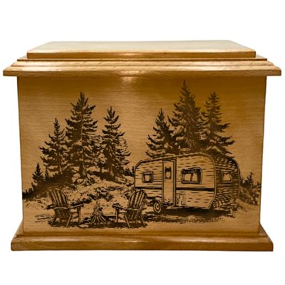Wooden Urn for Human Ashes, Large Funeral Cremation Urn with Personlaization and Multiple Designs (Camp Trailer)