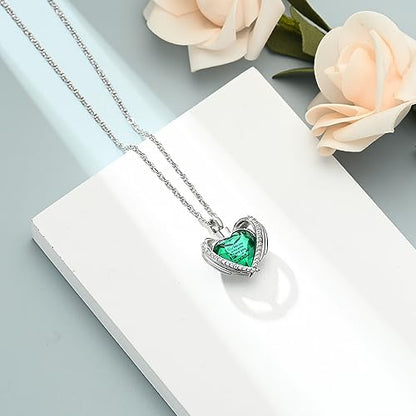 shajwo Angel Wing Heart Urn Ashes Necklace for Women Men | Cremation Jewelry,Birthstone Necklace of Loved One,Memorial Pendant for Human Pet - color: Silver-Green
