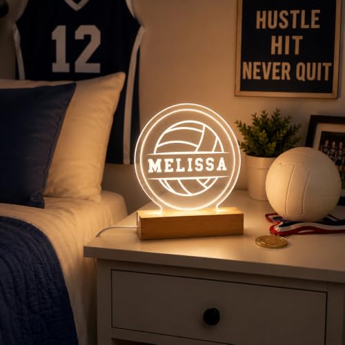 MIRROR MANIA Personalized Volleyball LED Night Light – Custom Name Desk Lamp, Warm White LED Acrylic Light with Wood Base, Volleyball Player Gift, Sports Bedroom Decor, Made in USA