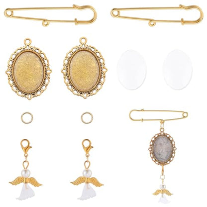 SUNNYCLUE 1 Box 10 Sets Gold Wedding Bouquet Photo Charms Memorial Picture Charm Personalized Glass Oval Picture Cabochons Brooch Pin Angel Wing Charms Kits for Wedding Bride Groom Party Gifts Flowers