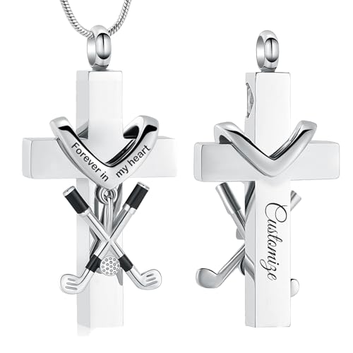 zeqingjw Cross Urn Necklace for Ashes for Men Women Stainless Steel Cremation Golf Clubs Jewelry Ashes Keepsake Memorial Pendant Ash Holder of Loved Ones - color: Customize