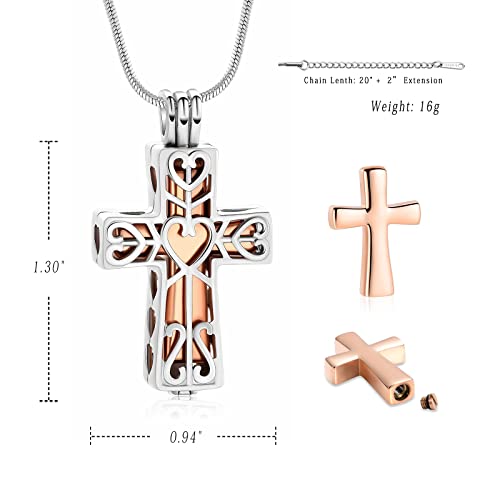 Crystal Cross Necklace for Ashes Stainless Steel Keepsake Cremation Jewelry Religious Cross Memorial Urn Necklace for Pet Human Ashes Gifts - color: S-Rosegold