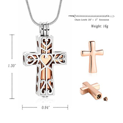 Crystal Cross Necklace for Ashes Stainless Steel Keepsake Cremation Jewelry Religious Cross Memorial Urn Necklace for Pet Human Ashes Gifts - color: S-Rosegold