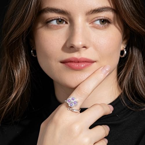 ZOEXUE Four Leaf Clover Cremation Urn Ring for Women, 925 Sterling Silver Adjustable Open Memorial Keepsake Ring with Opal Stones, Holds Ashes Bereavement Sympathy Gift - color: purple