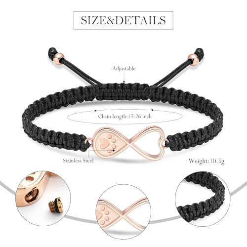 Infinity Heart Urn Bracelet for Ashes Paw Print Cremation Jewelry Stainless Steel Adjustable Braided Rope Bangle Bracelets Keepsake Memorial Jewelry for Loved Ones with Fill Tool - color: Rose Gold