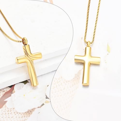 XSMZB Cross Cremation Jewelry Memorial Pendant Urn Necklace for Ashes of Loved One Funeral Ashes Keepsake Necklaces for Men Women - color: Gold