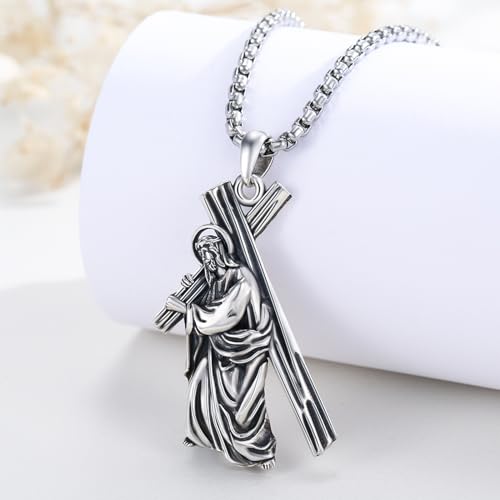 Crucifix Necklace for Men 925 Sterling Silver Jesus Cross Necklace Crucifix Cross Pendant Protection Jewelry for Men Women - style: A01-Carrying Cross-Silver