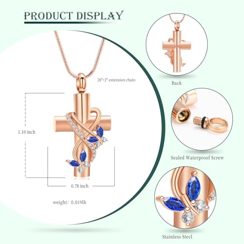 Butterfly Cross Cremation Jewelry Urn Necklaces Stainless Steel Cross Urn Necklaces for Ashes Memorial Keepsake Pendant for Women Gifts With Funnel Kit & Bag - color: Rose+Blue