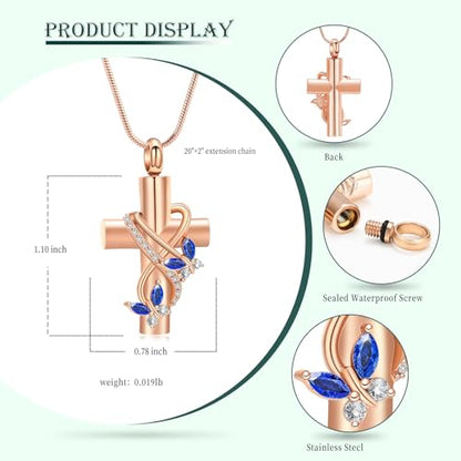 Butterfly Cross Cremation Jewelry Urn Necklaces Stainless Steel Cross Urn Necklaces for Ashes Memorial Keepsake Pendant for Women Gifts With Funnel Kit & Bag - color: Rose+Blue