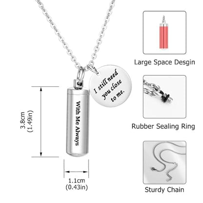 Cremation Cylinder Necklace for Ashes Stainless Steel Urn Locket Pendant Ashes Holder Memorial Jewelry - With Me Always - color: Silver