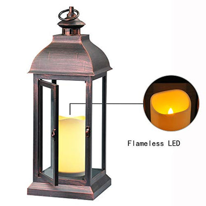 WRalwaysLX 15 inch H The Door-Open Decorative Lantern with flameless LED Candle Light, Outdoor/Indoor LED Lantern, wtith Timer Candle，Plastic with Bronze Undertones.USE 2C Battery(not Include) - size: 1pack 6x15"