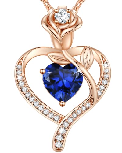 925 Sterling Silver Rose Love Heart Birthstone Necklaces for Women Jewelry | Hypoallergenic Nickel-Free & Lead-Free Pendant,Birthday Anniversary Christmas Gift for Women Wife Mom Girlfriend - color: Rose Gold-09-Sep