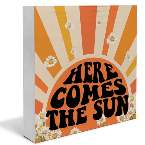 Summer Decor, Retro Daisy Summer Theme Here Comes The Sun Wooden Box Sign Rustic Farmhouse Wood Block Plaque Box Sign for Home Tiered Tray Office Desk Decor(5 x 5 Inches) - color: HERE
