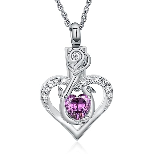 Roseflower Cremation Jewelry Heart Urn Necklace for Ashes for Women Gilrs Memorial Keepsake Birthstone Pendant Necklaces for Ashes of Loved Ones - color: Silver-purple