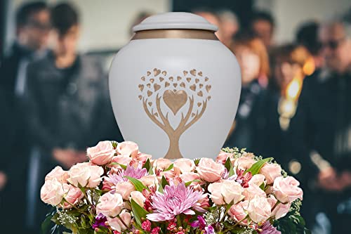 White Cremation Urn with Tree of Life by Liliane Memorials - Urns for Human Ashes Remains - Brass - Suitable for Funeral Cemetery Burial or Niche - Large Size for Adults up to 200 lbs - Love Tree - color: White
