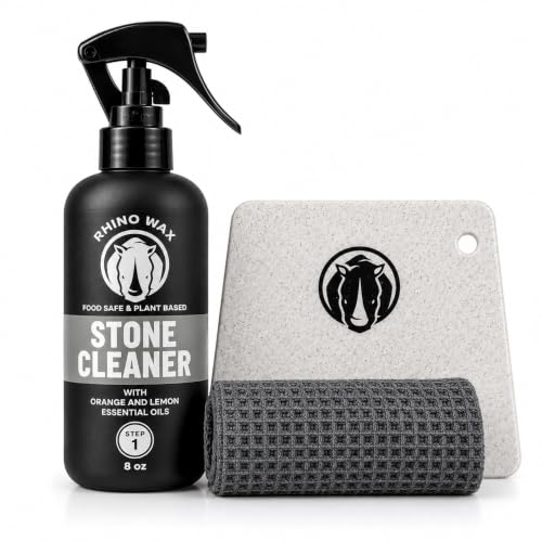 Rhino Wax Stone Surface Cleaning Kit: Cleaner, Scraper, Applicator & Cloth | Clean granite, quartz, marble, soapstone and other natural stone surfaces with food-safe cleaner and tools for everyday care.