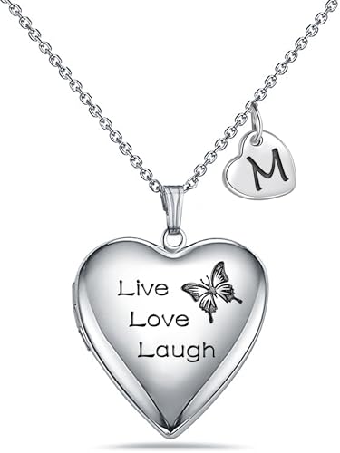 MUERDOU Butterfly Locket Necklace that Holds Pictures Initial Alphabet Letter Heart Shaped Photo Memory Locket Pendant Necklace - style: M