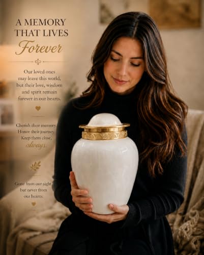 BOLD & DIVINE Pearl White Cremation Urn | Human Ashes Adult Memorial urn, Burial, Funeral Cremation Urns | 200 Cubic Inches (Large/Adult) with Velvet Bag