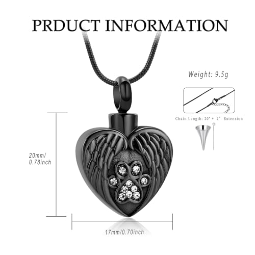 Heart Paw Print Urn Necklace for Ashes for Pet Stainless Steel Pendant - color: Black