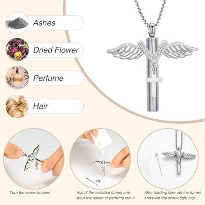 Oinsi Black Cross Urn Necklace For Ashes Of Loved Ones With Birthstone Always In My Heart Cremation Jewelry Keepsake Pendant Women Men - color: Z-Silver