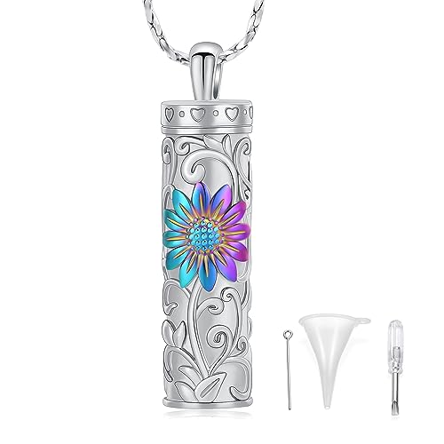 Sunflower Urn Necklace for Ashes Cylinder Bar Necklace for Ashes for Women Pendant Keepsake for Ashes Memory Cremation Jewelry Sunflower Celtic Necklace Jewelry for Women - color: Silver-colourful