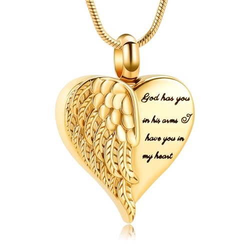 Angel Wing Heart Urn Necklace for Ashes Cremation Jewelry for Women Men Stainless Steel Memorial Necklaces Ash Holder for Human Keepsake Jewelry for Loved Ones with Fill Tool - color: A-Gold