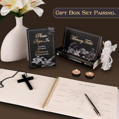 molekaus Funeral Guest Book for Memorial Service 108pages | Celebration of Life Guest Book Set for Funeral Sign in 8.5X10.7in,50 Cards, Table Signs, a Card Box, and a Silver Pen - color: Black