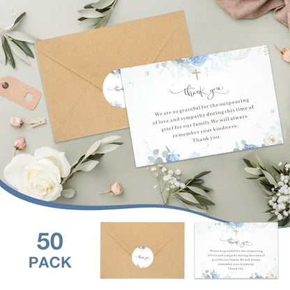 50 Set Funera Thank You Cards with Envelopes and Matching Seal Stickers,Sympathy Cards with Message Bereavement Sympathy Thank You Card for Funeral Family Friends Loved Ones（rose） - style: Rose