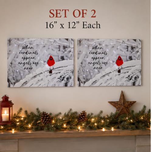 Cardinal Memorial LED Canvas Wall Art Set of 2 – Lighted Winter Snow Scene with “When Cardinals Appear Angels Are Near” – Sympathy Gift for Loss of Loved One – Battery Operated Wall Décor – 16" x 12"