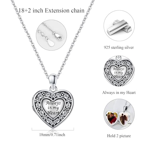 Heart Photo Locket Necklace Sterling Silver for Women | Dragonfly, Butterfly, Turtle, Dog Paw and Mother Daughter Styles, Jewelry Gifts for Mom Christmas Birthday Anniversary. - style: 4-Always in My Heart