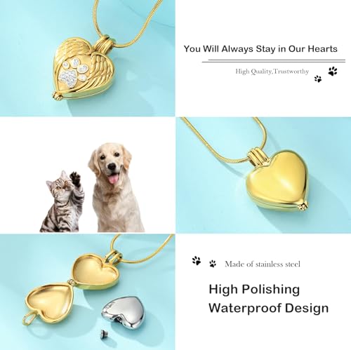 zeqingjw Pet Cremation Jewelry for Ashes Pendant Paw Print Pet Heart Urn Necklace Memorial Keepsake Jewelry for Pet/Dog's/Cat's Ashes - color: Wing Heart-Gold