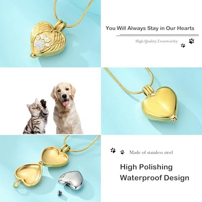zeqingjw Pet Cremation Jewelry for Ashes Pendant Paw Print Pet Heart Urn Necklace Memorial Keepsake Jewelry for Pet/Dog's/Cat's Ashes - color: Wing Heart-Gold