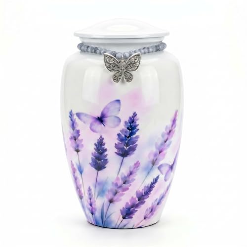 Lavender Butterfly Urn for Ashes Adult Female, Large Metal | Filigree Charm With Glass Beads, Holds upto 220lb Adults, Velvet Bag, Screw Top Lid, Memorial Keepsake, For Men & Women - color: White