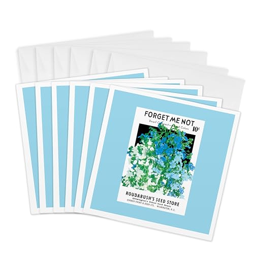 3dRose Greeting Cards - Forget Me not Dwarf Compact Roudabushs Seed Store - 6 Pack - BLN Vintage Seed Packet Reproductions - size: 6 Greeting Cards with envelopes