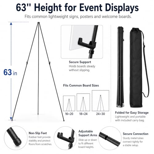 RRFTOK 2 Pack 63 in Sign Easel Stands, Instant-Fold Tripods with Bags | Instant-fold metal tripod with carry bag for welcome sign, poster display, foam board and floor use - style: 63B 2pack