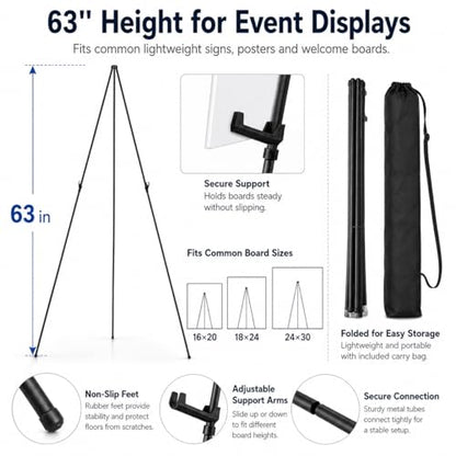 RRFTOK 2 Pack 63 in Sign Easel Stands, Instant-Fold Tripods with Bags | Instant-fold metal tripod with carry bag for welcome sign, poster display, foam board and floor use - style: 63B 2pack