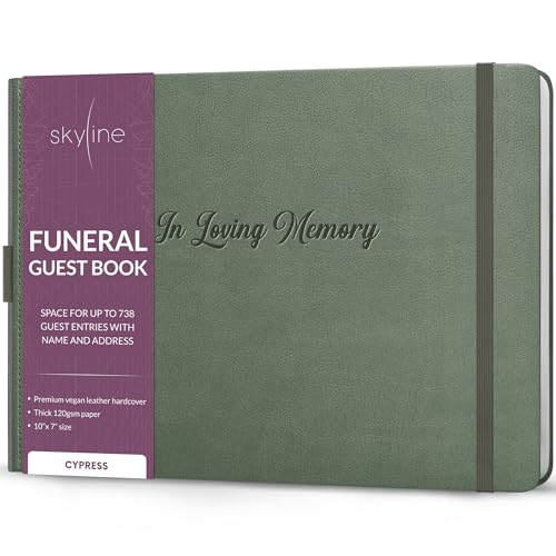 Skyline Funeral Guest Book, Sign In Name & Address, Hardcover Cypress | 10”x7”, Elegant sign-in guestbook for memorial service & celebration of life with large signature space, Memory book - color: Cypress, size: Smaller than A4 (10" x 7")