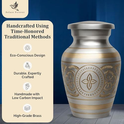 Small Urns for Human Ashes – Brass Hand-Engraved Funeral Keepsake with Elegant Silver Finish – Mini Cremation Memorial for Mom, Dad & Loved Ones - color: Silver
