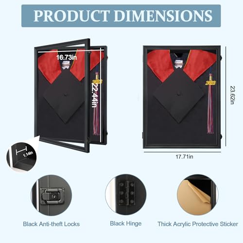 Small Shadow Box for Graduation Cap and Gown, Wall Display Stand | Matte black wood frame, dustproof acrylic panel, lockable wall mount case, displays graduation gown,as commemorative gift - size: Small - Black
