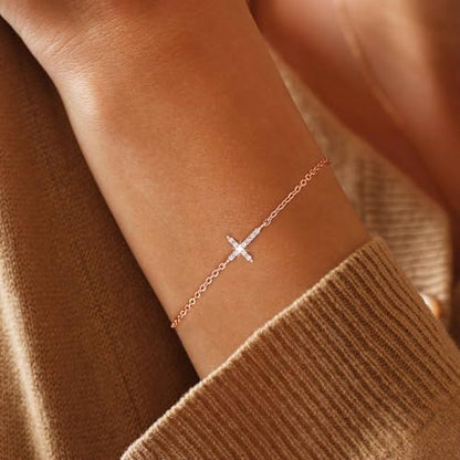 Moodear Cross Bracelet for Women, Dainty Sterling Silver/Gold Plated Gift | Christian Religious Gifts for Teen, Stocking Stuffers, Adjustable Link Bracelets, Sparkling CZ Cross, Non Tarnish Jewelry - color: CZ Rose Gold Cross Bracelet