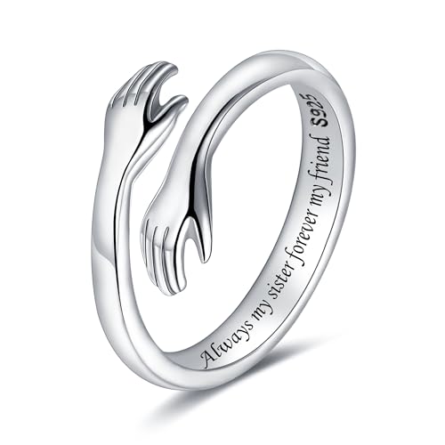 LOVECOM S925 Sterling Silver Hug Rings for Women Teen Girls Mother Daughter - color: Always my sister forever my friend, size: US Size 6