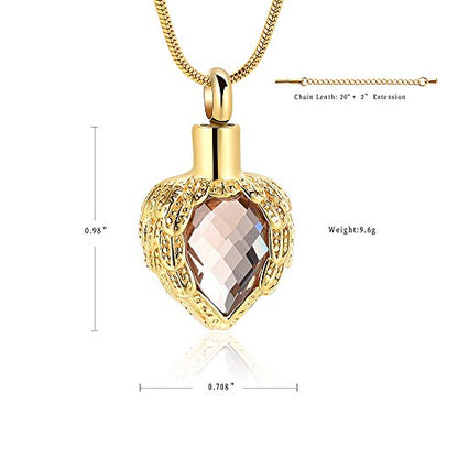 memorial jewelry Gold Angel Wings Glass Heart Urn Pet/Human Cremation Pendant Necklace Jewelry for Ashes - color: Gold