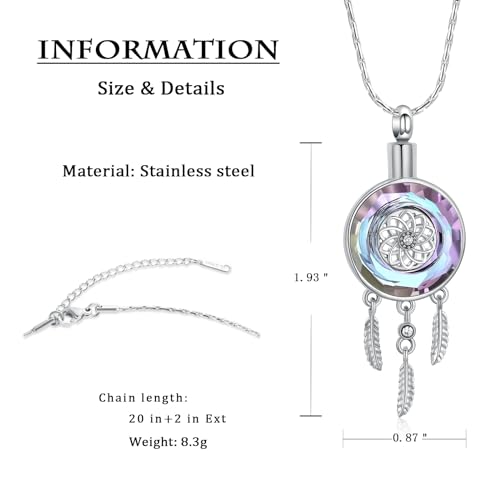 constantlife Circle of Life Dreamcatcher Cremation Jewelry for Ashes Stainless Steel Crystal Pendant Urn Necklace Keepsake Human Pet Memorial Gift for Women Men - color: Silver-Purple