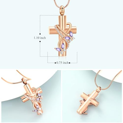 Imrsanl Butterfly Cross Urn Necklace for Ashes Men Women Cremation Jewelry Ashes Pendant for Human Memorial Ash Jewelry - color: Rose Purple