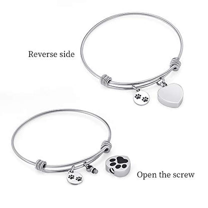 Always in My Heart Expandable cuffCremation Bracelet for Ashes Dog Cat Paw Prints Pet Memorial Urn Jewelry - color: Steel