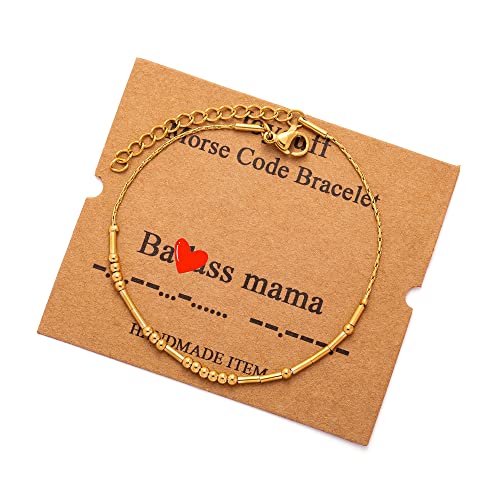 JoycuFF Inspirational Morse Code Bracelets for Women Silver Beads Jewelry Encouragement Mantra Gifts for Her - style: Gold B****s Mama