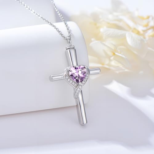 TOUPOP Cross Urn Necklaces for Ashes Birthstone Cremation Jewelry 925 Sterling Silver Cross Memorial Keepsake Funeral Jewelry for Women (with Funnel Filler) - color: 06-June-Alexandrite