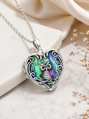 JKR Heart Picture Locket Necklace for Women That Holds Pictures Jewelry | Memorial Necklace with Picture Anniversary Birthday Gift for Women Wife Mom Girlfriend - color: Owl